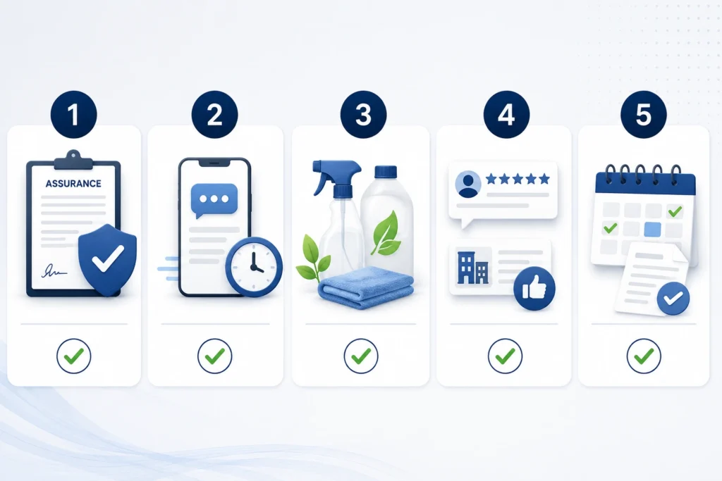 Infographie présentant cinq critères pour choisir une entreprise de nettoyage de bureaux : assurance, réactivité, démarche écologique, avis clients et contrat flexible.