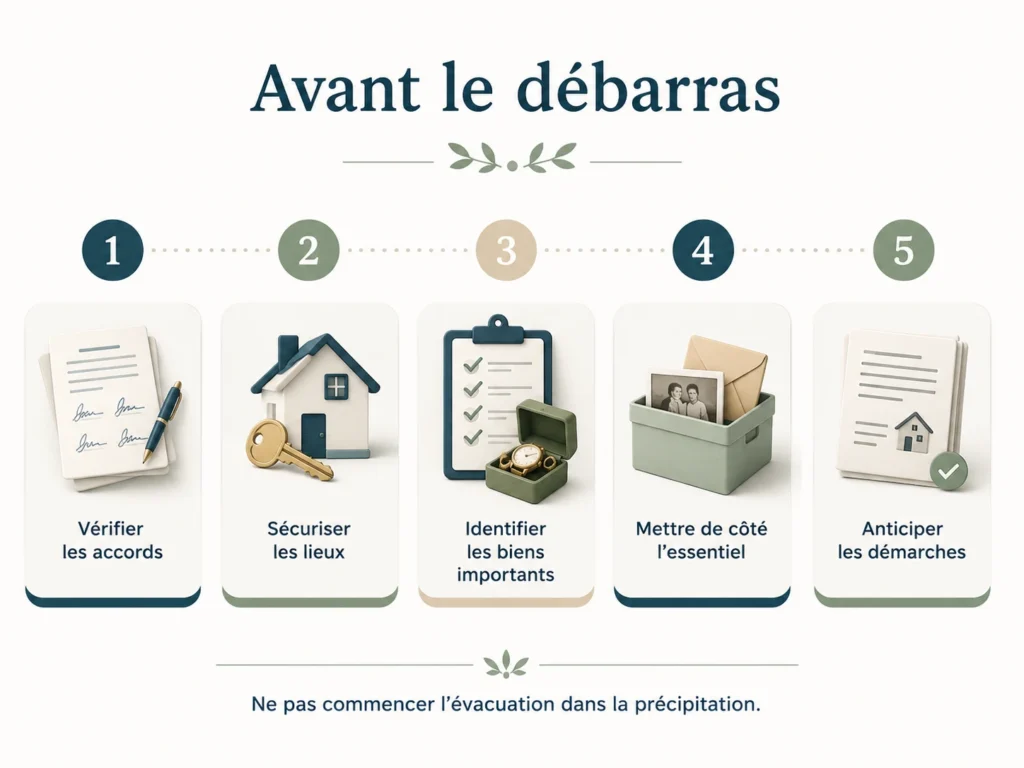 Infographie des vérifications à effectuer avant un débarras après décès : accords, sécurisation, inventaire, souvenirs et démarches administratives.