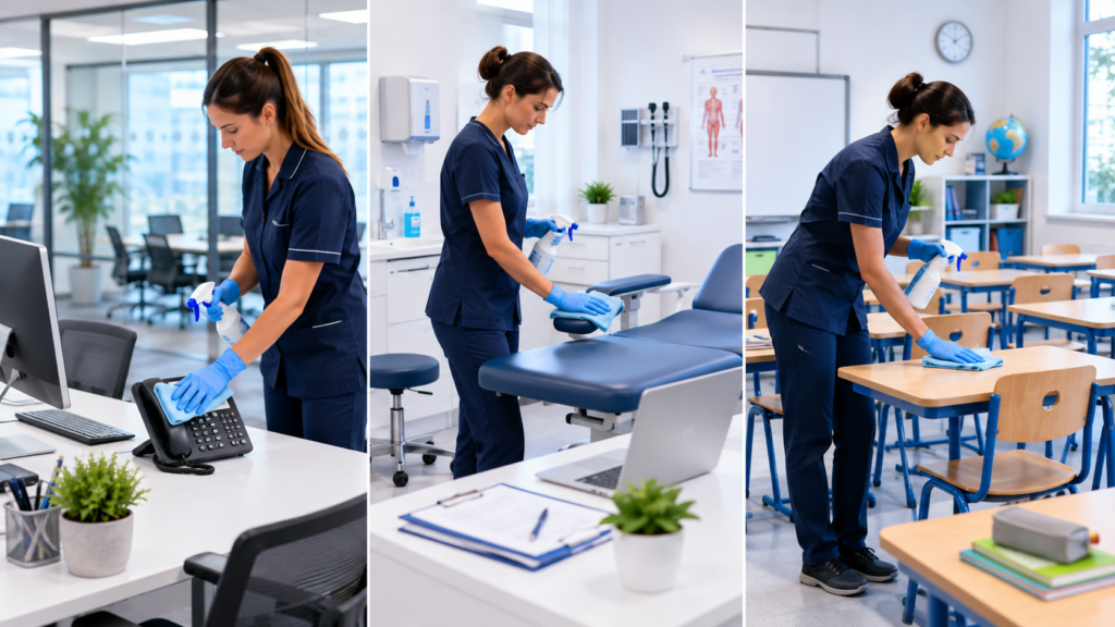 Trois environnements professionnels concernés par la désinfection : bureau, cabinet médical et salle de classe.