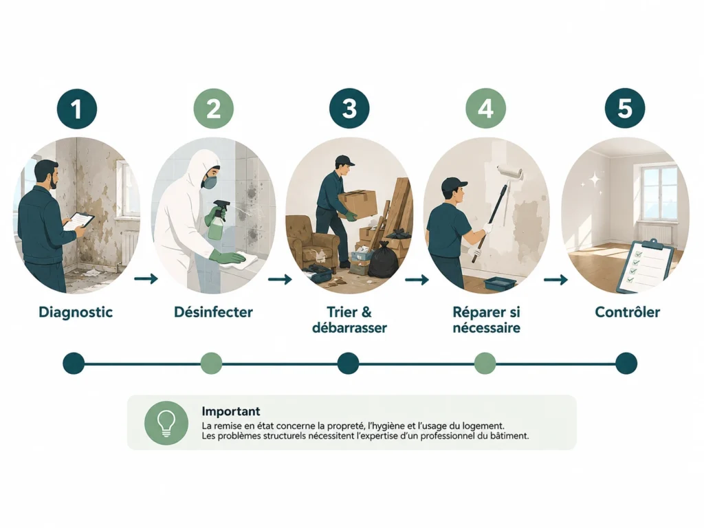 Infographie montrant les étapes de remise en état d’un logement insalubre : diagnostic, désinfection, débarras, réparations et contrôle final.