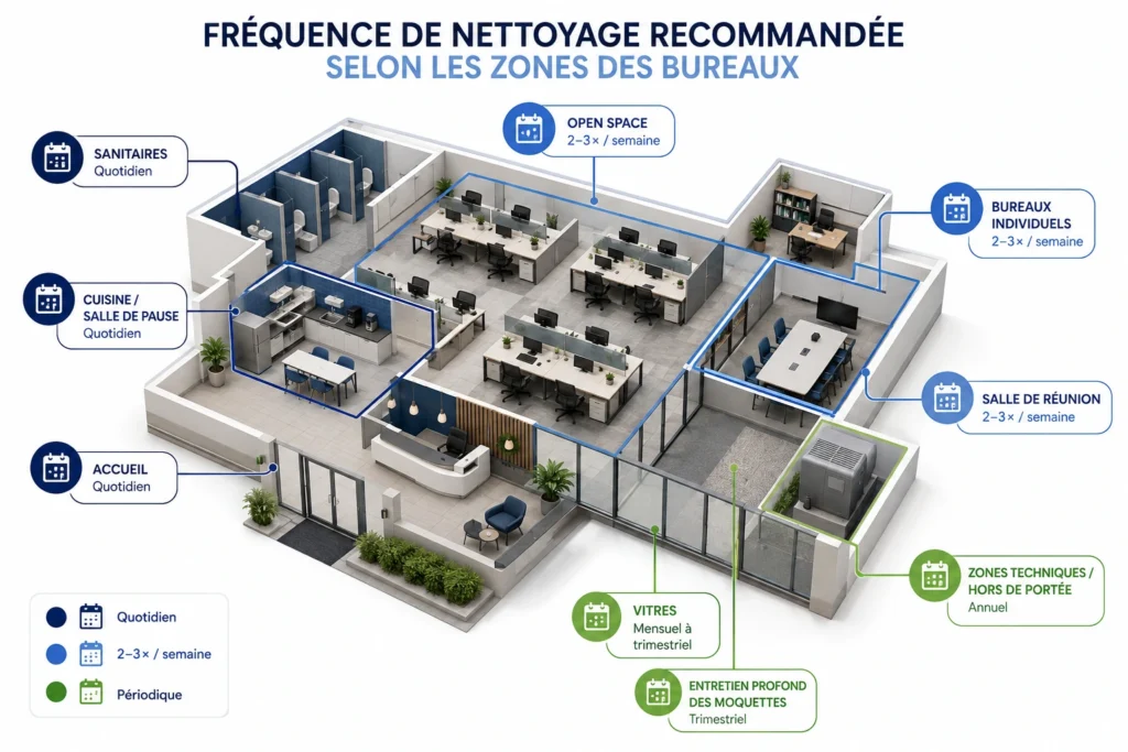Infographie montrant la fréquence de nettoyage recommandée pour les sanitaires, bureaux, accueil, cuisine, salle de réunion et vitres.