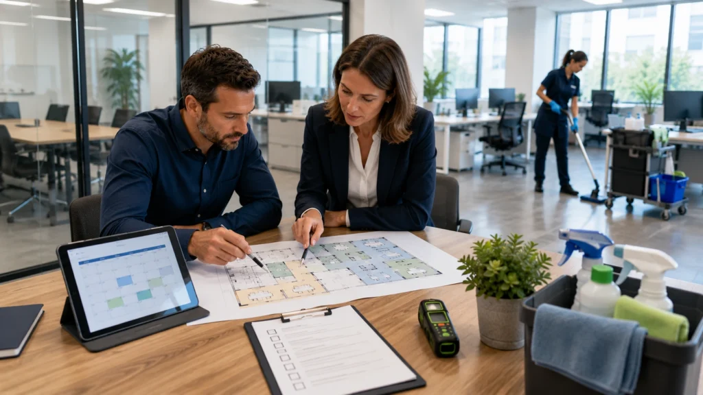 Professionnels définissant un planning de nettoyage adapté aux différentes zones de bureaux.