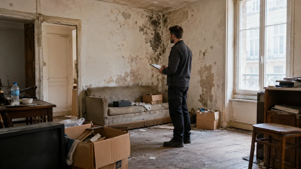 Professionnel évaluant un logement dégradé présentant humidité, moisissures et encombrement avant sa remise en état.