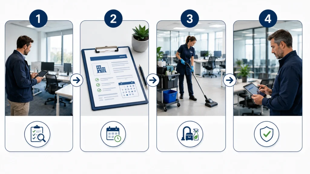 Schéma des quatre étapes d'une prestation de nettoyage de bureaux : audit, devis, intervention et contrôle qualité.