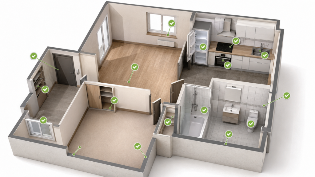 Appartement montrant les principaux points de contrôle propreté d’un état des lieux sortant : cuisine, sanitaires, sols, vitres et rangements.