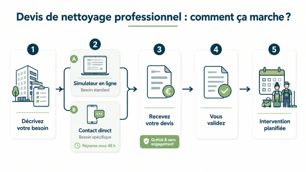 Selon la prestation, la demande passe par le simulateur en ligne ou un échange direct avant réception et validation du devis.
