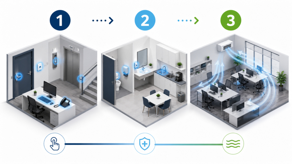 Schéma du protocole de désinfection des locaux : points de contact, zones sensibles et traitement de l'air si nécessaire.