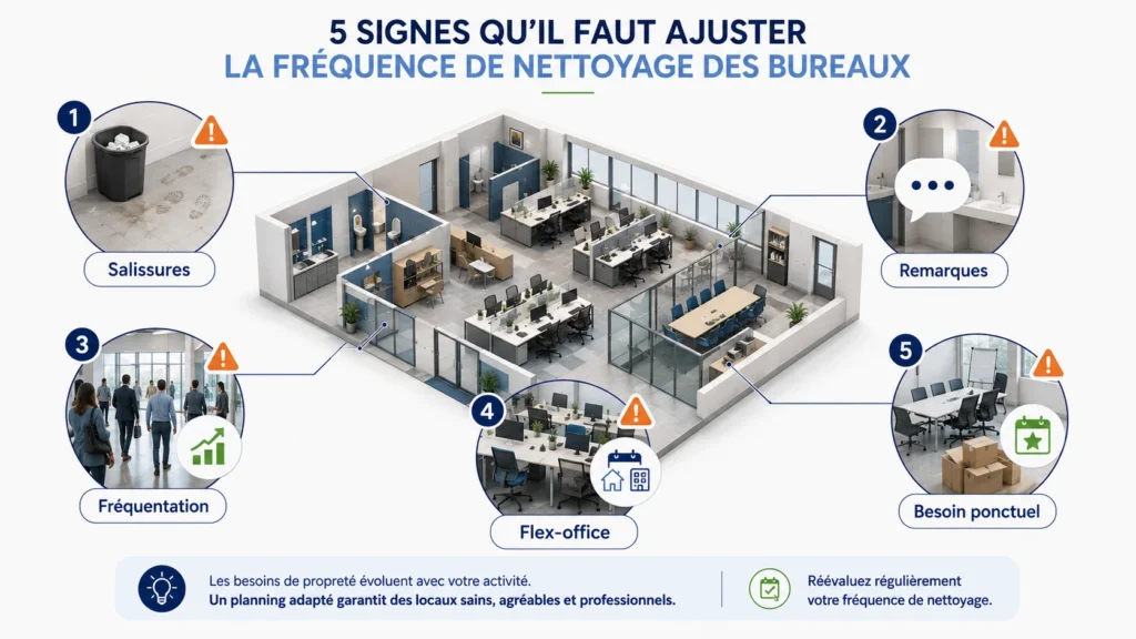 Infographie présentant cinq signes indiquant qu'il faut modifier la fréquence de nettoyage des bureaux.