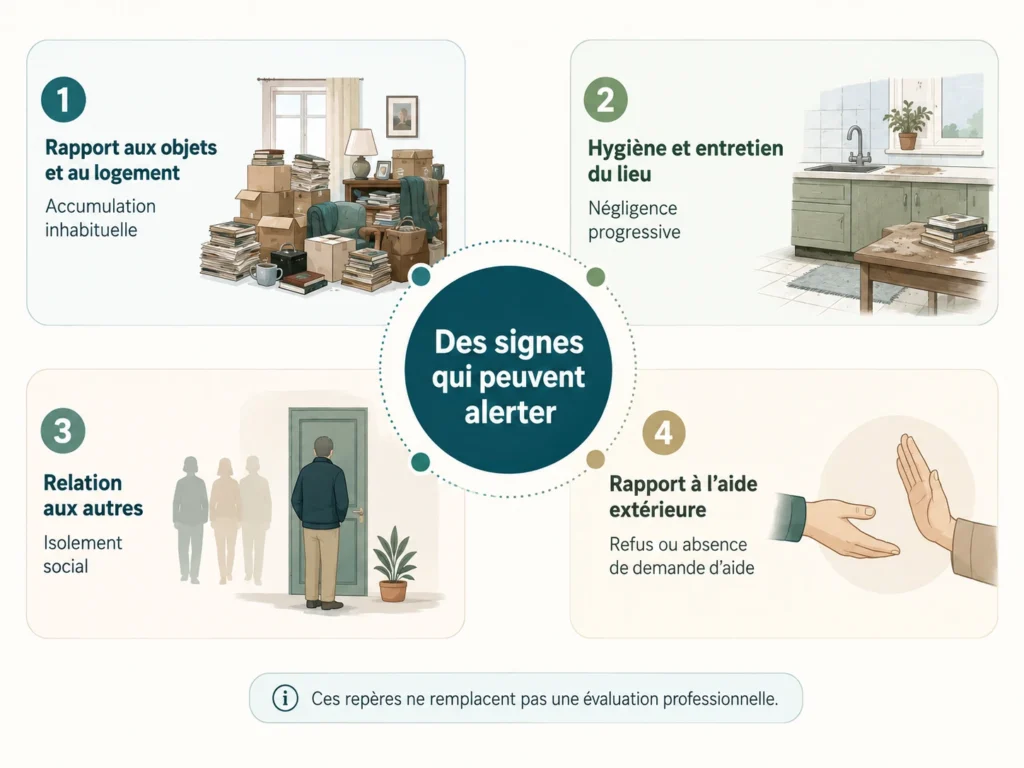 Infographie présentant plusieurs signes pouvant alerter : accumulation inhabituelle, négligence progressive, isolement et refus de l’aide