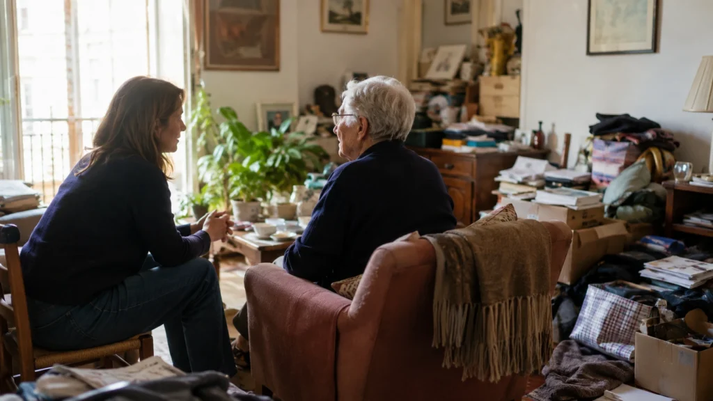 Deux proches échangent calmement dans un logement encombré afin d’illustrer l’accompagnement face au syndrome de Diogène