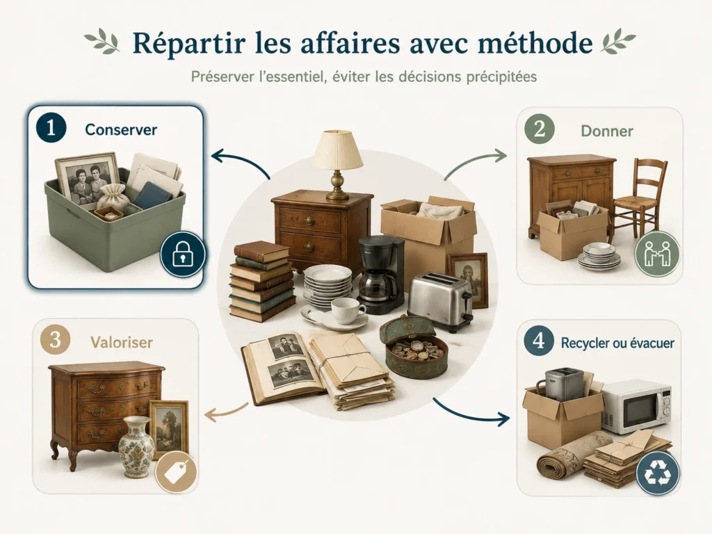 Schéma montrant le tri des affaires d’un logement après un décès entre conservation, don, valorisation et recyclage ou évacuation.
